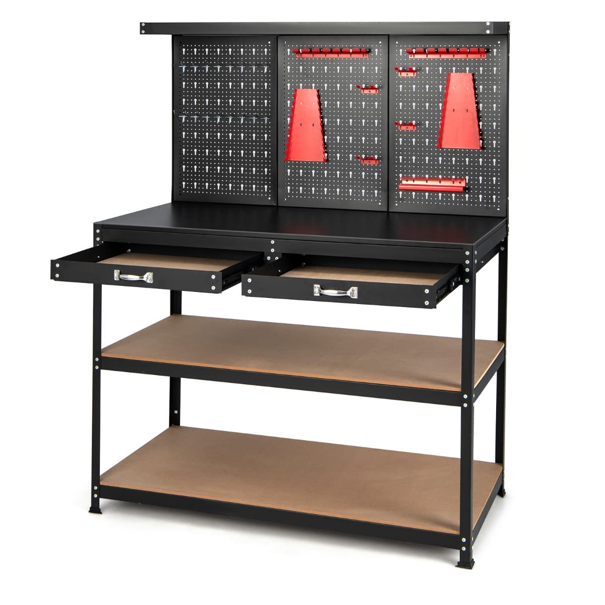 CostwayÉtabli Atelier Garage avec Étagères et Tiroirs Panneaux Perforés Table de Travail Cadre en Métal avec 25 Porte-outils 121 x 61 x 156 cm Noir
